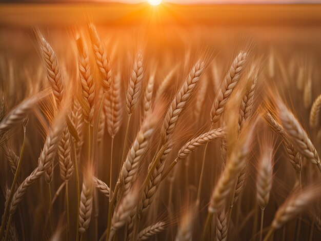 Un primer plano de un campo de trigo al atardecer