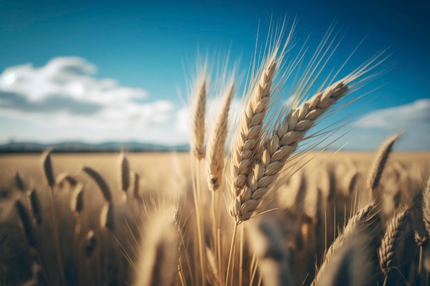 Un primer plano de un campo de trigo con un cielo azul de fondo.