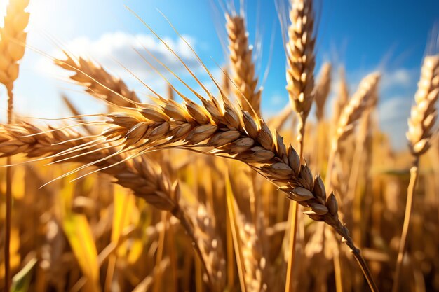 Un primer plano de un campo de trigo con el cielo de fondo