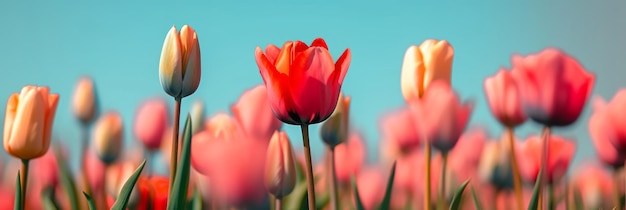 Primer plano del campo de tulipanes con IA generativa del cielo azul