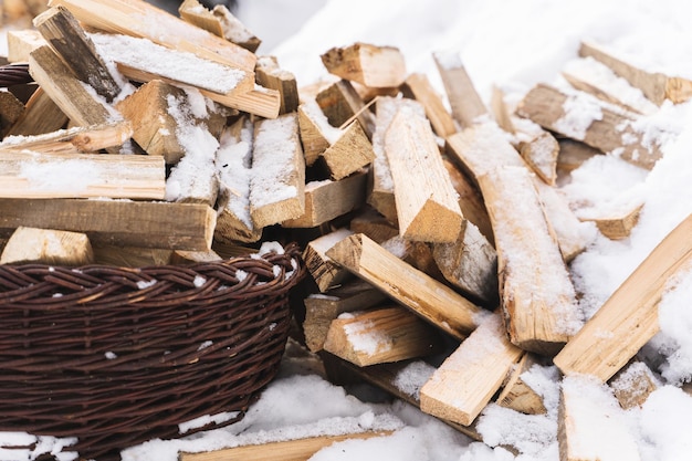 Primer plano de una canasta de leña cubierta con nieve