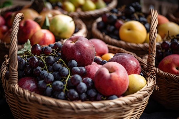 Un primer plano de una canasta llena de frutas creada con IA generativa