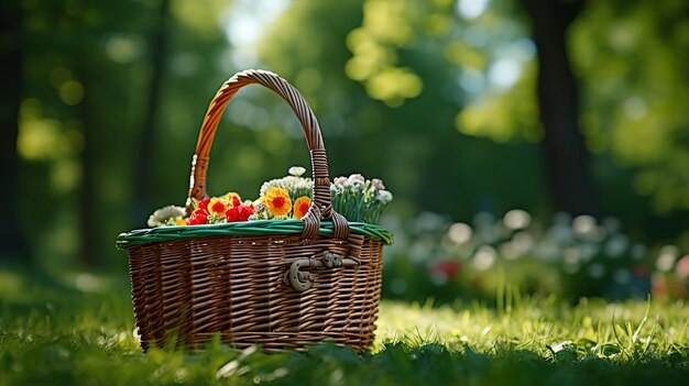 Primer plano de una canasta de picnic en una tela azul rodeada de flores blancas Generativo Ai