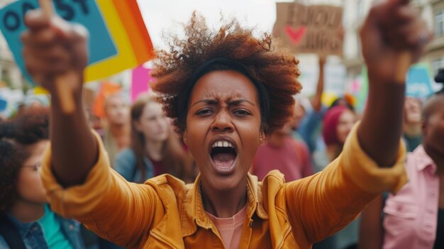Primer plano de un cantante interpretando apasionadamente una conocida canción de protesta frente a una multitud de personas