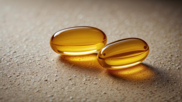 Primer plano de cápsulas translúcidas de aceite de pescado omega 3 dorado sobre un fondo texturizado