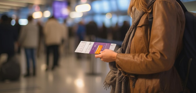 Un primer plano capta cómo una niña agarra sus pasaportes y una tarjeta de embarque en el aeropuerto.