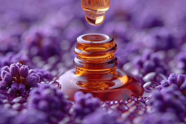 Un primer plano captura una gota de aceite esencial de color ámbar a punto de caer de un gotero contra un telón de fondo de flores de lavanda púrpura suave