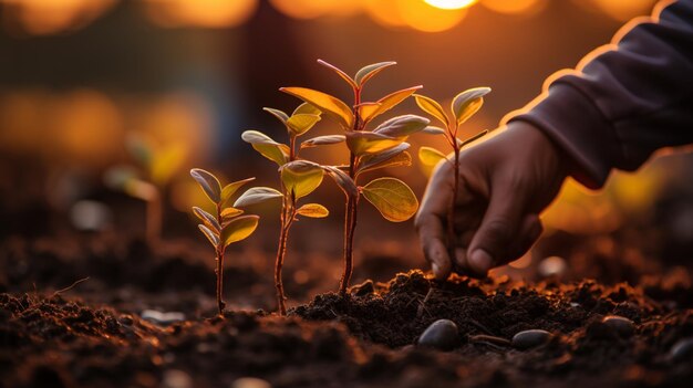 Foto un primer plano captura una mano joven plantando un árbol en un parque durante la puesta del sol