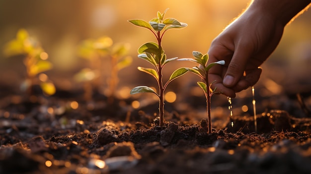 Foto un primer plano captura una mano joven plantando un árbol en un parque durante la puesta del sol