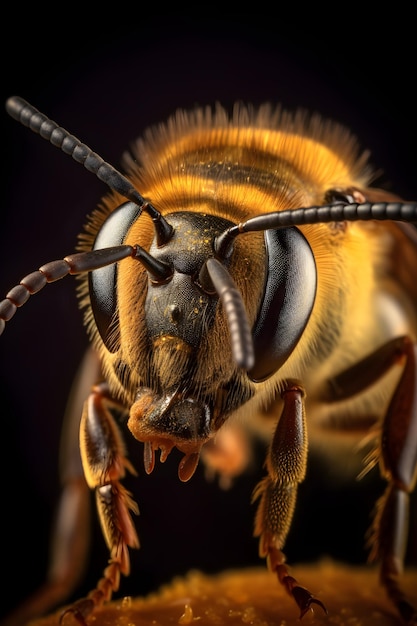 Foto un primer plano de la cara de una abeja con un fondo negro