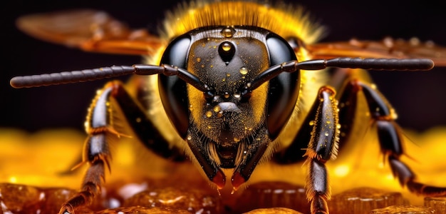 Un primer plano de la cara de una abeja con un fondo negro