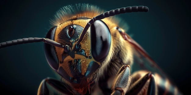 Un primer plano de la cara de una abeja con un fondo negro