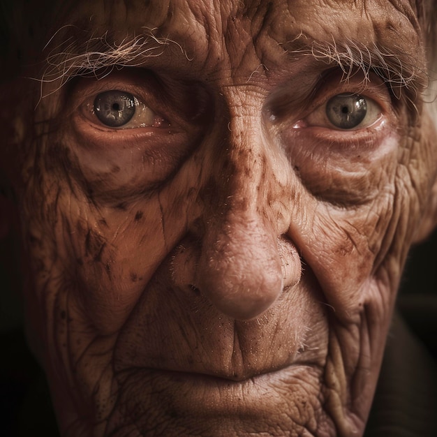 Primer plano de la cara de un anciano Piel estrictamente humana con arrugas Fotografía macro