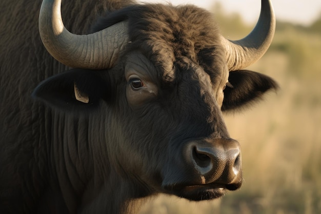 Un primer plano de la cara de un búfalo