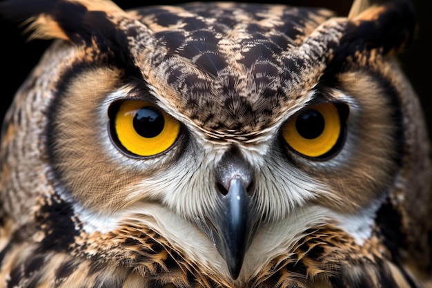 Un primer plano de la cara de un búho con ojos amarillos.