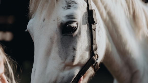 Primer plano de la cara de un caballo con una mujer al fondo Imagen generativa de IA