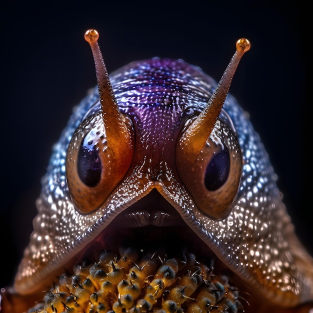 Un primer plano de una cara de caracol con la cabeza de una flor.