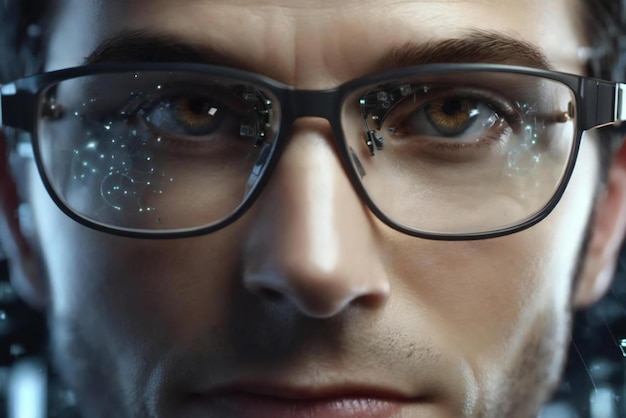 Foto primer plano de la cara del científico con gafas tecnología de renderización generative ai