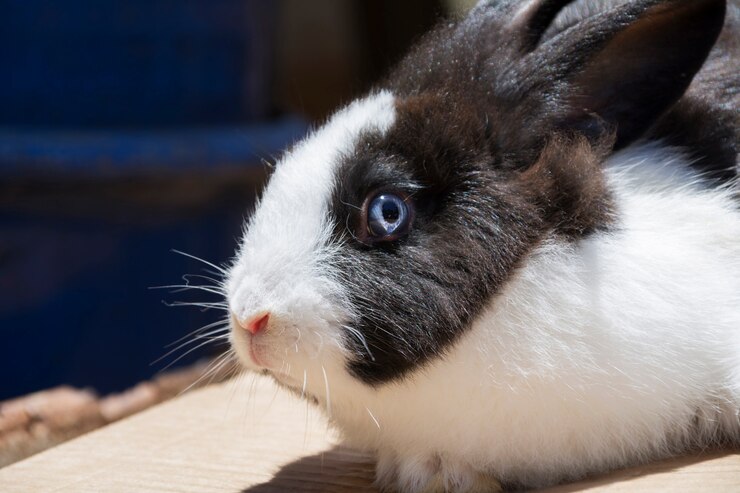 Primer plano de la cara de un conejo de campo, blanco y negro con ojos azules. Iluminado por la luz del sol.