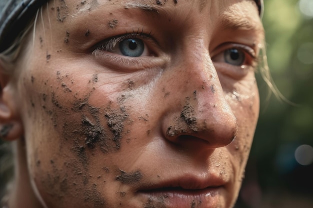 Primer plano de la cara de los corredores con sudor y polvo del sendero visible creado con ai generativo