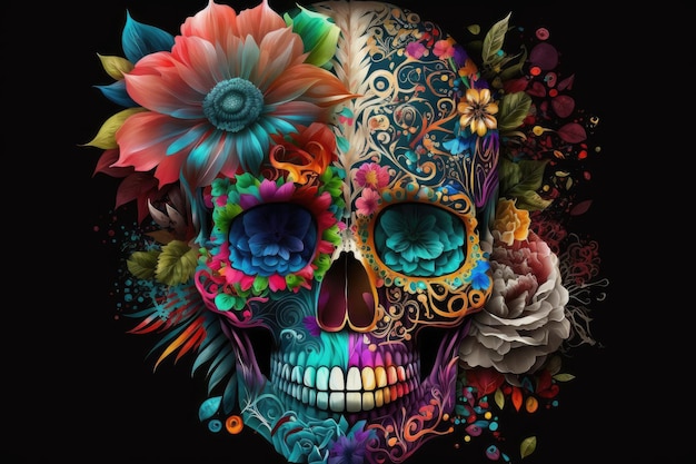 Primer plano de la cara del cráneo con coloridas calaveras de azúcar y flores