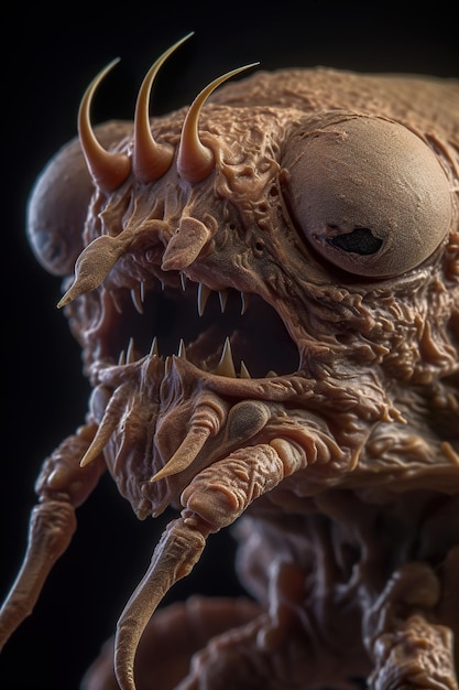 Un primer plano de la cara de una criatura con dientes afilados