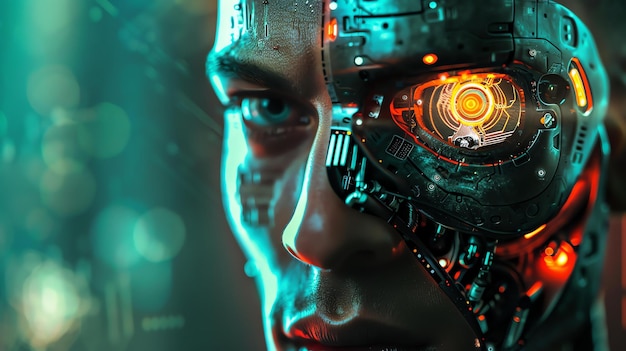 Un primer plano de la cara de un cyborg El cyborg tiene un ojo brillante y una cara metálica