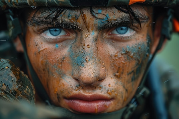Un primer plano de la cara decidida de un soldado adornada con pintura de camuflaje