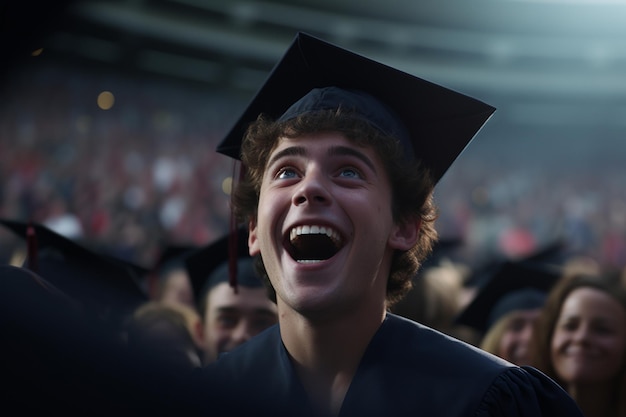 Primer plano de la cara de un estudiante expresando alegría y generativo ai