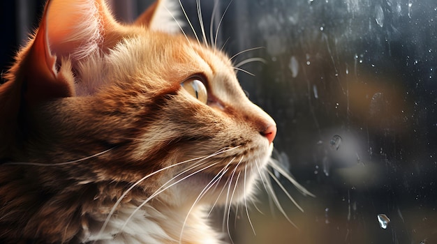 Un primer plano de la cara de un gato mientras mira por una ventana profundamente pensativo
