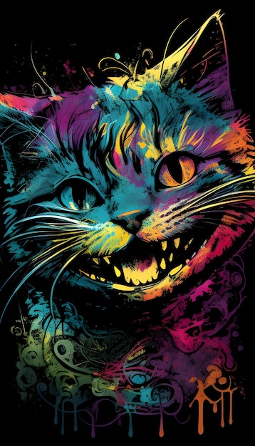 Primer plano de la cara de un gato con salpicaduras de pintura de colores IA generativa