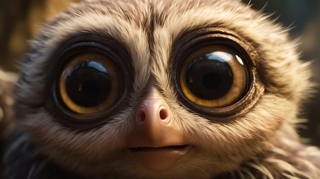 Un primer plano de una cara de gremlin con ojos grandes