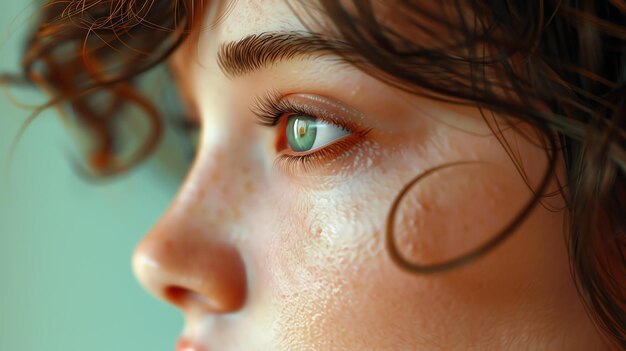 Primer plano de la cara de una hermosa mujer joven con ojos verdes y pecas La mujer está mirando lejos de la cámara con una expresión pensativa