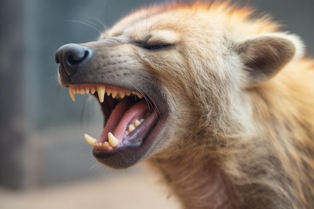 Primer plano de la cara de la hiena manchada entre risas