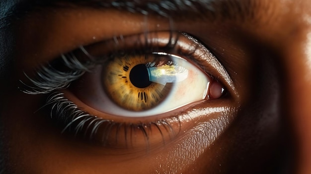 Primer plano de la cara de un hombre africano Ojo macro con iris negra Detalles de primer plano y v IA generativa