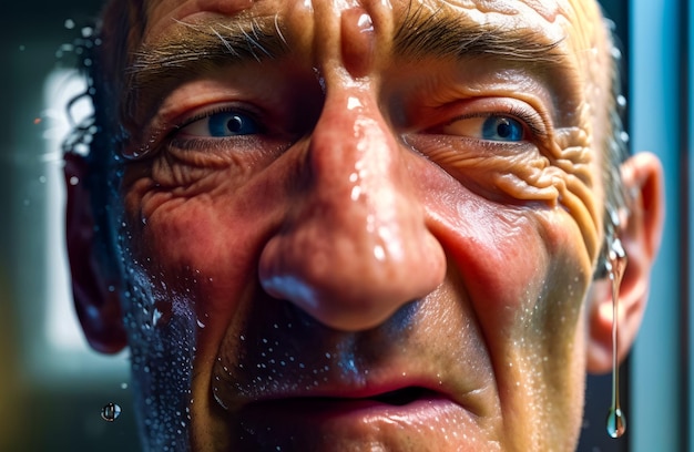Un primer plano de la cara del hombre con agua en la cara