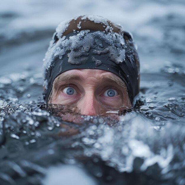 Foto un primer plano de la cara de un hombre en agua helada