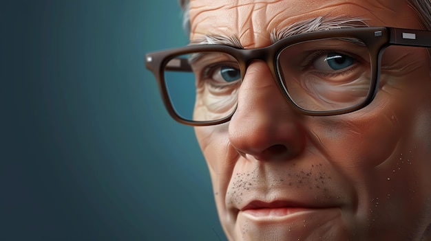 Primer plano de la cara de un hombre Él lleva gafas y tiene una expresión seria en su cara El fondo está desenfocado y es de color azul oscuro