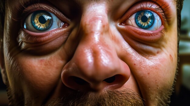 Un primer plano de la cara de un hombre con ojos azules y amarillos