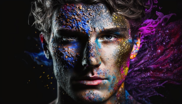 Primer plano de la cara del hombre con polvo festivo holi multicolor sobre negro IA generativa