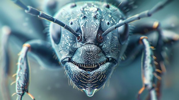 Un primer plano de la cara de una hormiga La hormiga es negra con un exoesqueleto brillante Sus mandíbulas están abiertas y sus antenas están levantadas