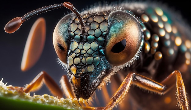 Un primer plano de la cara de un insecto con una hoja verde