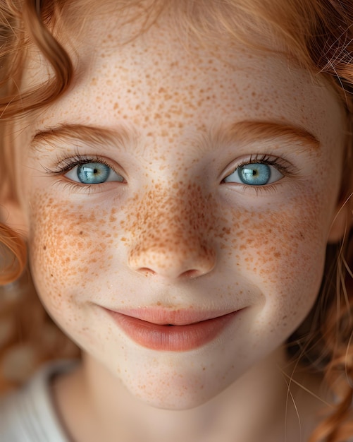 Un primer plano de la cara de una joven con pecas, ojos azules y una sonrisa brillante.