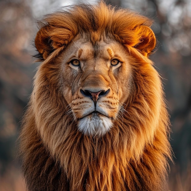 Un primer plano de la cara de un león con árboles en el fondo