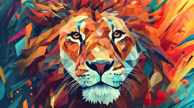 Un primer plano de la cara de un león con un fondo colorido AI Generative