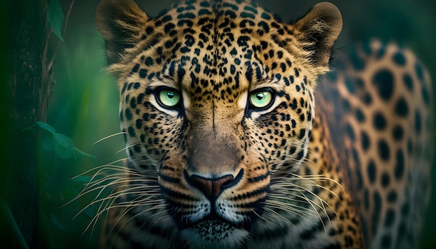 Un primer plano de la cara de un leopardo con ojos verdes