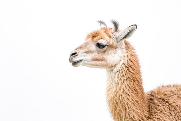 Foto un primer plano de la cara de una llama contra un fondo blanco