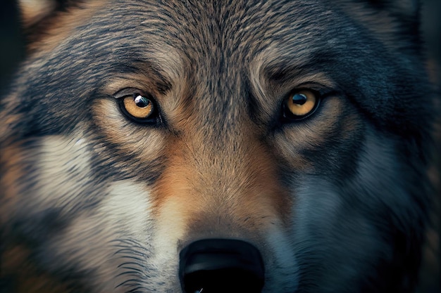 Primer plano de la cara de un lobo con ojos penetrantes y dientes afilados