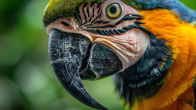 Foto un primer plano de una cara de loro colorida el loro tiene plumas amarillas, azules y verdes brillantes su pico es negro y sus ojos son amarillos