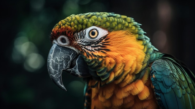 Un primer plano de la cara de un loro con un fondo verde.